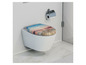Een toiletbril met een print van een zonsondergang over het water.