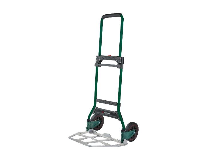 Een groene Parkside handkar met twee wielen