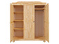 Een open houten kast met planken en een kledingroede.