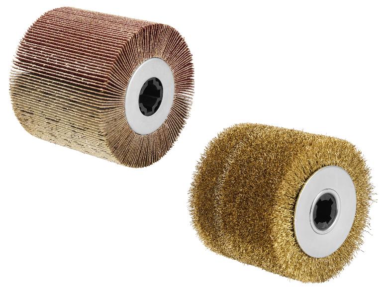 Brosses à rouleau abrasives et métalliques pour ponceuses, sur fond blanc.