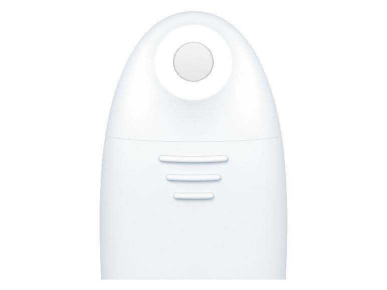 Witte digitale thermometer met knop en designaccenten.