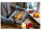 Une personne tient une plaque de cuisson avec un gâteau en forme de sapin de Noël.