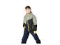 Jongen in grijs, zwart en neongroen ski-jack, skibril en muts.