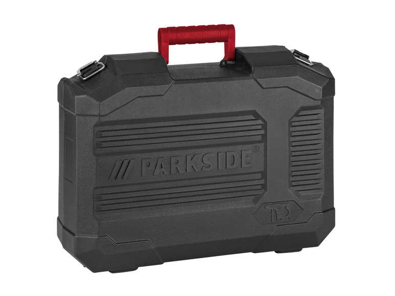 Une boîte à outils noire de Parkside avec une poignée rouge.