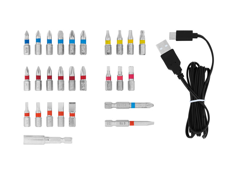 Een set met verschillende schroevendraaierbits en een USB-kabel.