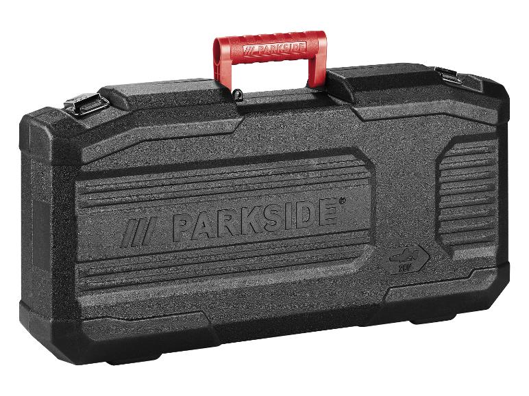 Zwarte opbergkoffer met rode handgreep voor Parkside gereedschap.