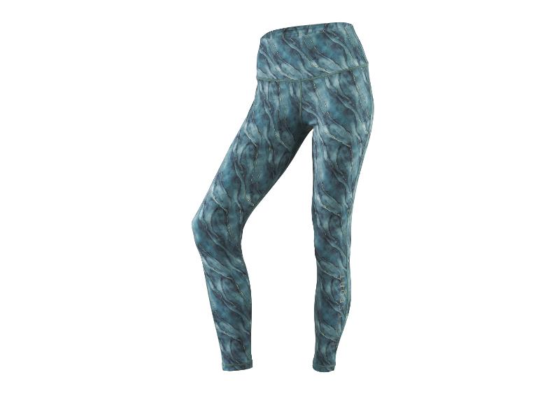 Dames sportlegging met turquoise en goud marmerpatroon.