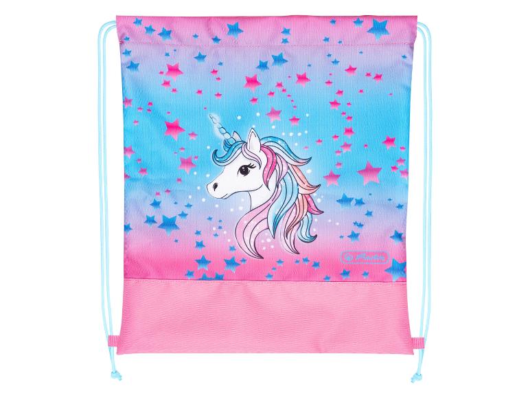 Roze gymsack met eenhoorn en sterrenprint.