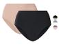 Deux culottes taille haute pour femme, une noire et une couleur chair, avec des échantillons de couleurs.