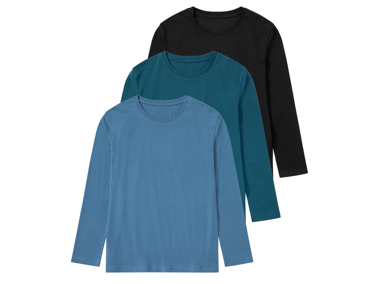 Trois t-shirts à manches longues en bleu, vert et noir