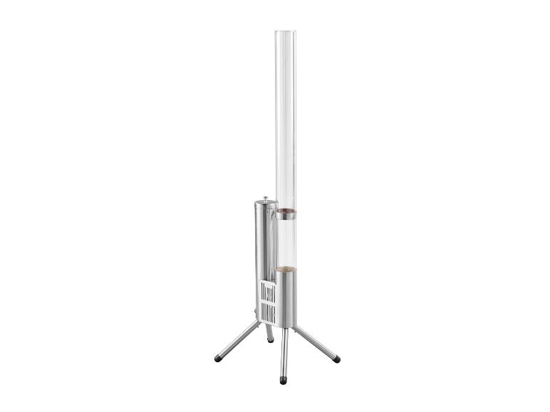 Zilveren voedselwarmer met een transparante cilinder op een witte achtergrond.