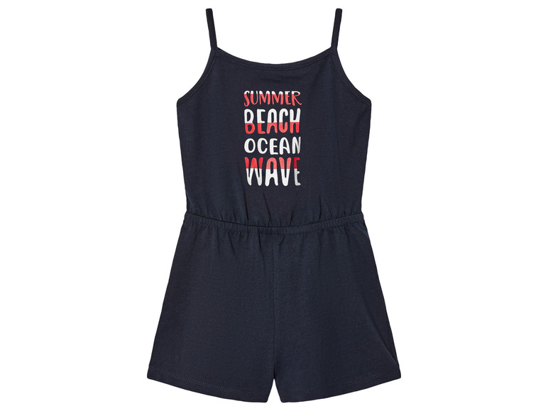Een donkerblauwe meisjes romper met de tekst 'Summer Beach Ocean Wave'