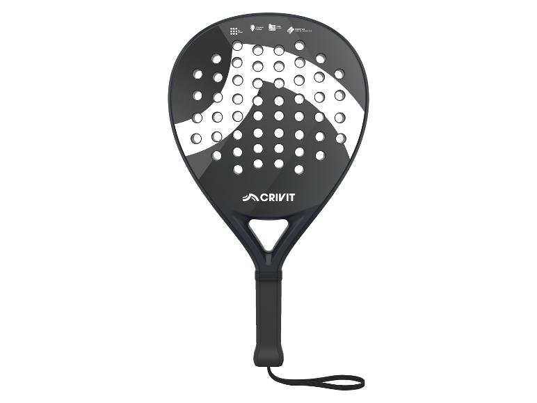 Zwart padelracket met witte en grijze accenten en gaten.