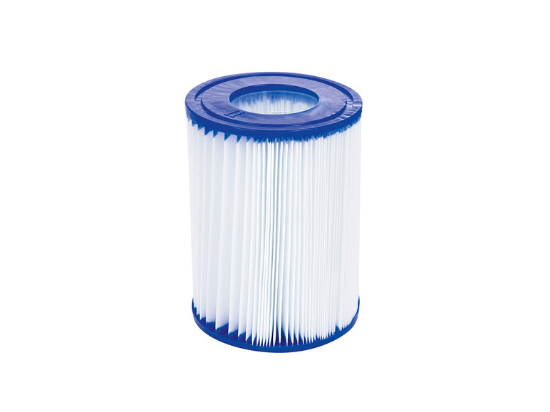 Een wit zwembadfilter met een blauwe rand.