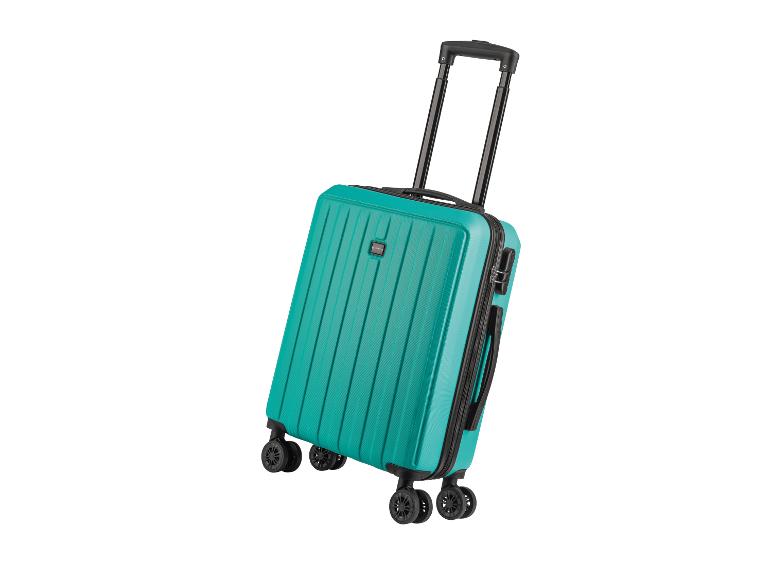 Een turquoise koffer met wielen van het merk Roncato.