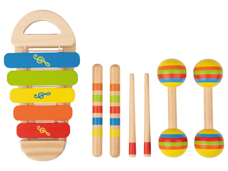 Xylophone et maracas en bois multicolores pour enfants.