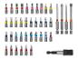 Un assortiment d'embouts de tournevis de différentes tailles et types, y compris plats, Phillips et Torx, avec un porte-embout.