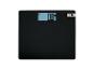 Zwarte personenweegschaal met digitaal display dat '0.0 kg' toont en een luidsprekerpictogram