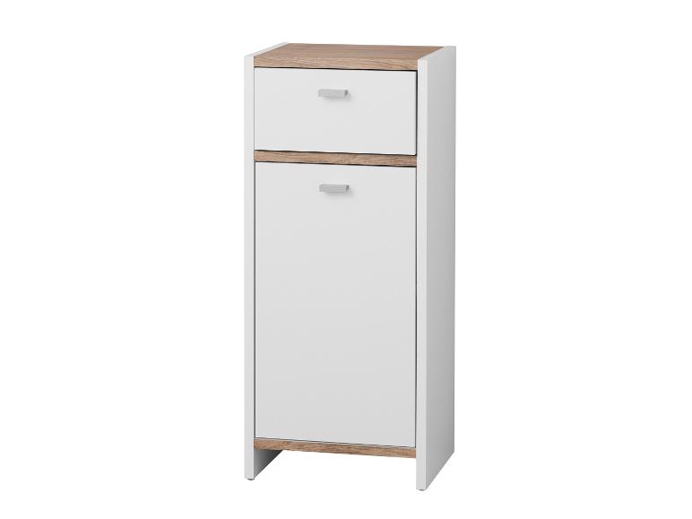 Smal wit en houtkleurig kastje met één lade en één deur.