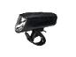 Phare de vélo noir avec sangle en caoutchouc pour fixation au guidon.