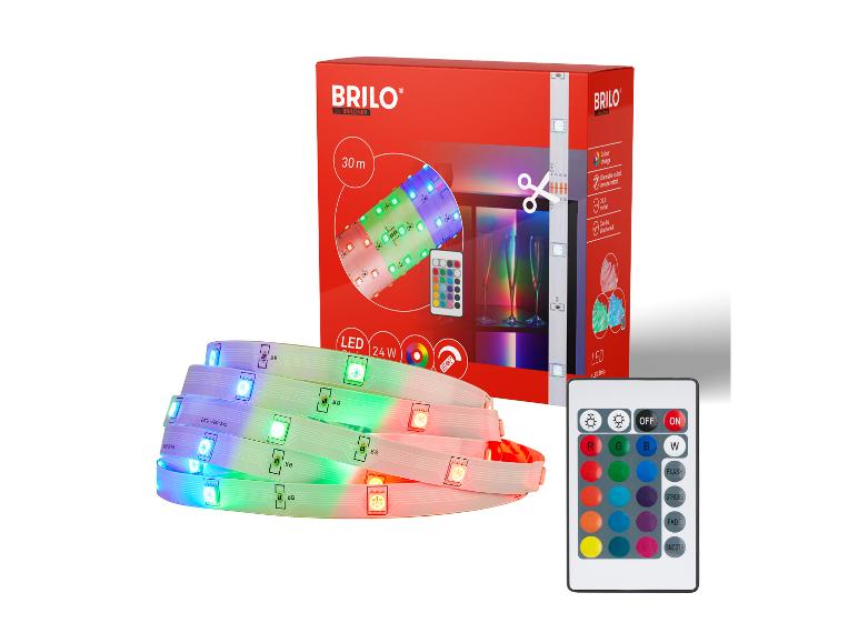 Brilo 30m LED-strip met afstandsbediening voor kleurverandering en dimmen.