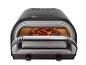 Four à pizza noir avec une pizza à l'intérieur, commandes pour différents types de croûte et réglages de température.