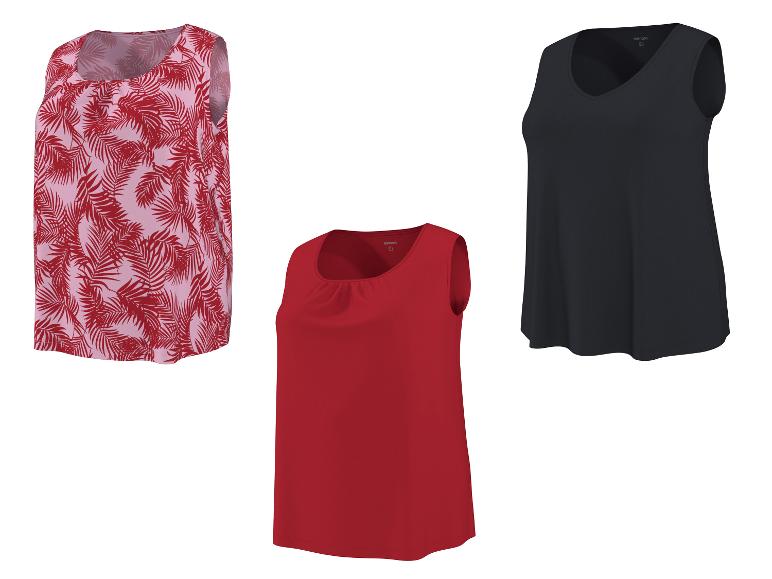 Trois débardeurs femme : un rose à imprimé feuilles rouges, un rouge et un noir.