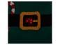 Pull de Noël vert avec une ceinture noire et une boucle dorée, avec des lumières rouges