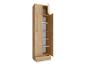 Hoge lichte houten kast met open deuren en lades, die witte planken onthullen.