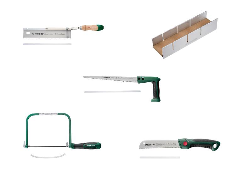 Een set handzagen en een verstekbak voor het zagen van hout.