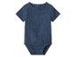 Blauwe baby romper met korte mouwen van gekreukelde stof.