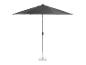 Donkergrijze parasol voor de tuin met stenen voet.