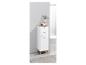 Une armoire de salle de bain blanche avec deux tiroirs et une porte, sur des pieds en bois.