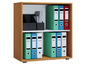 Een houten boekenkast met groene, blauwe en rode ringbinders met labels 'auto', 'familie' en 'verzekering'.