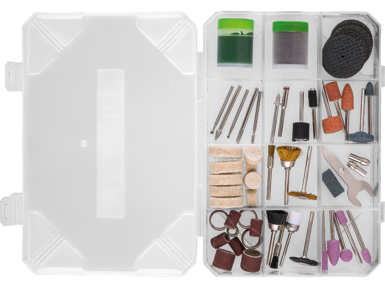 Kit d'accessoires pour outils rotatifs avec forets, disques de coupe et de polissage dans une boîte.