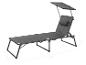Chaise longue de jardin grise avec pare-soleil et coussin, dimensions 193x67x32cm.
