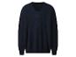 Un pull bleu marine à col en V, en maille fine.