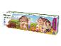 Maison de jeu de ferme pour enfants, avec granges, animaux et deux jeunes enfants joyeux.