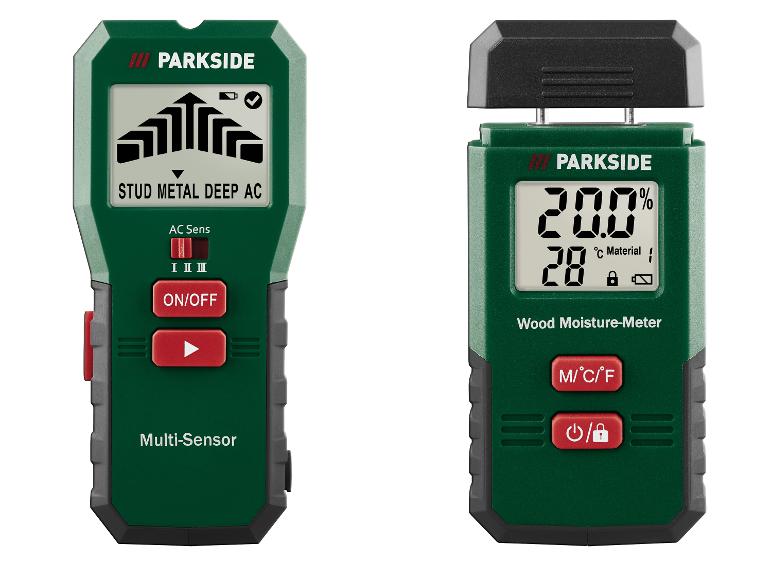 Twee digitale PARKSIDE meters: een multisensor en een houtvochtmeter.