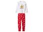 Witte en rode pyjama met rendierprint en de tekst „Follow Your Dreams”.