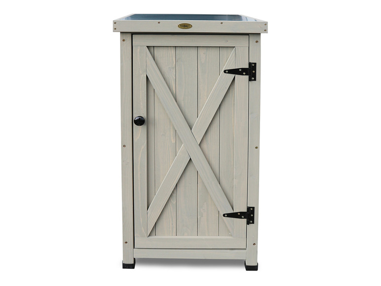 Houten opbergkast met een X-vormige deur.