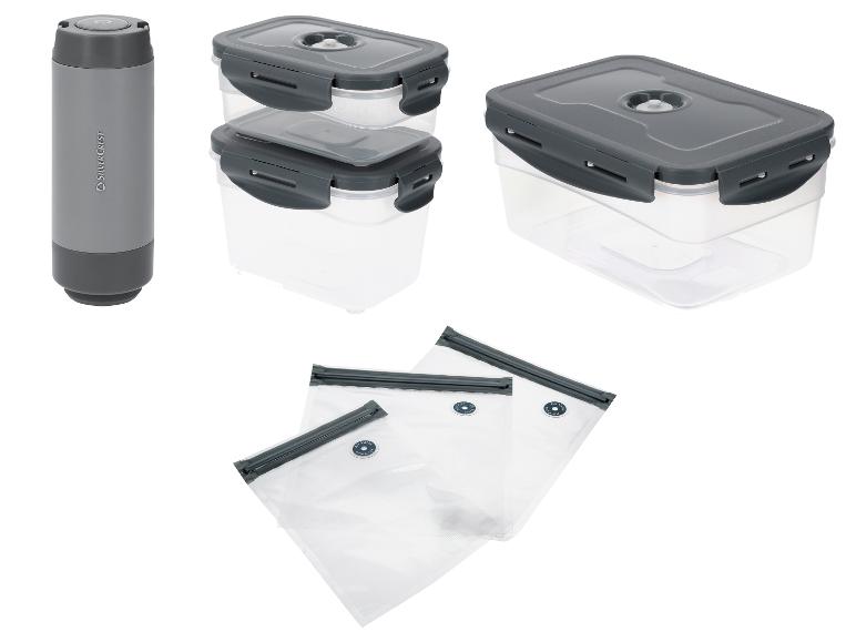 Silvercrest vacuümverpakkingsset: grijze handstofzuiger, containers en zakken.