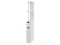 Hoge witte kast met open planken, twee lades en een gesloten kast