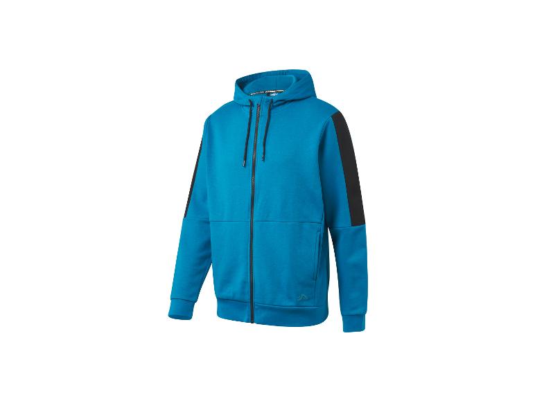 Un sweat-shirt à capuche bleu avec des détails noirs.