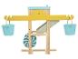 Jouet d'eau en bois pour enfants avec seaux et roues hydrauliques en jaune et bleu.