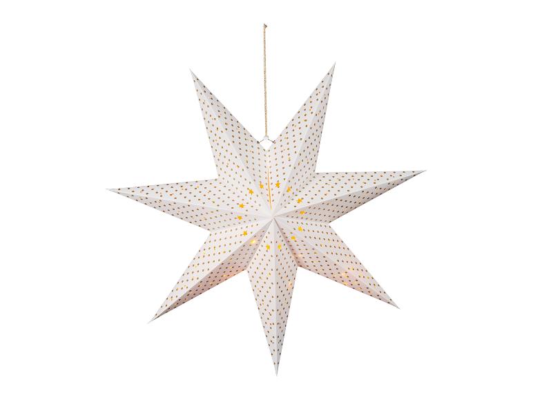 Witte decoratieve ster met gouden stippen en lichtjes, hangend.