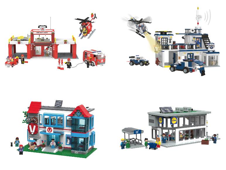Ensembles de type Lego avec caserne de pompiers, poste de police, clinique vétérinaire et supermarché Lidl.