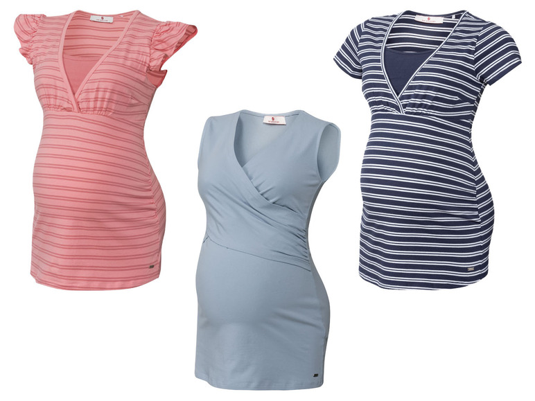 Trois robes de grossesse rayées en rose, bleu et bleu marine.
