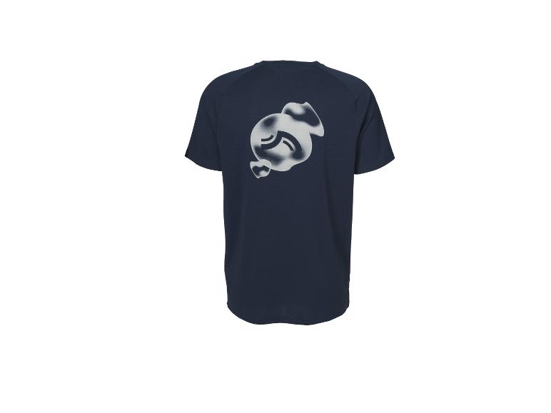 T-shirt bleu foncé avec un imprimé bonbon blanc et gris au dos.