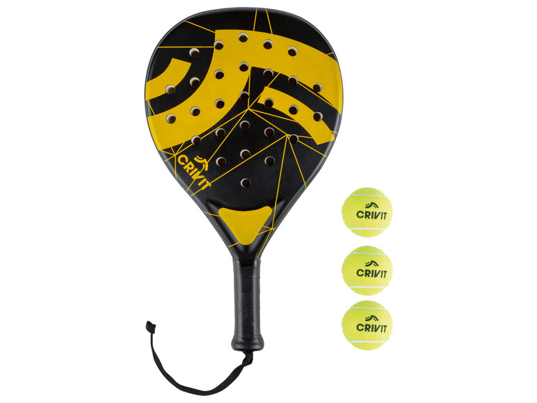 Een zwarte padelracket van Crivit met drie gele ballen.